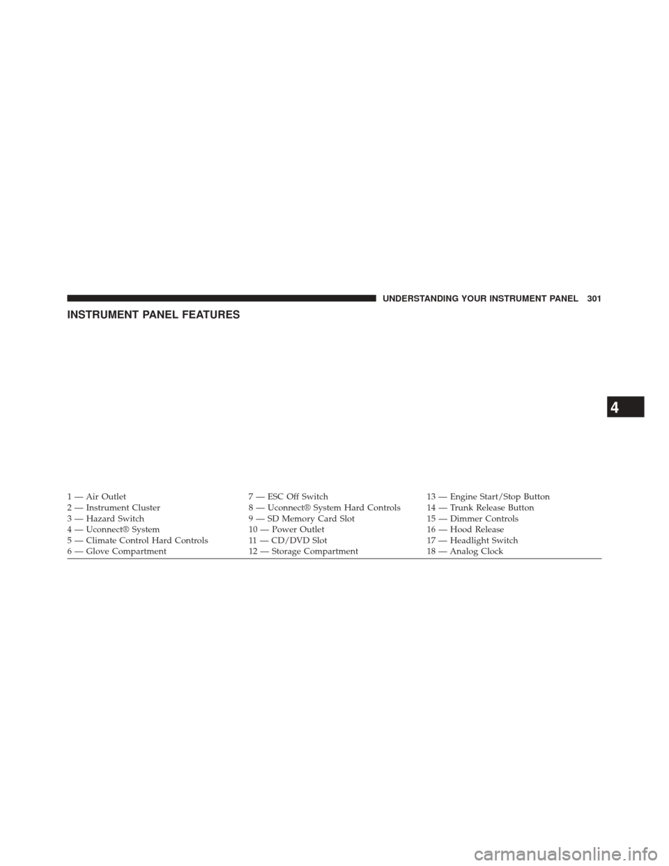 CHRYSLER 300 2014 2.G Owners Manual INSTRUMENT PANEL FEATURES
1 — Air Outlet7 — ESC Off Switch13 — Engine Start/Stop Button
2 — Instrument Cluster 8 — Uconnect® System Hard Controls 14 — Trunk Release Button
3 — Hazard Sw