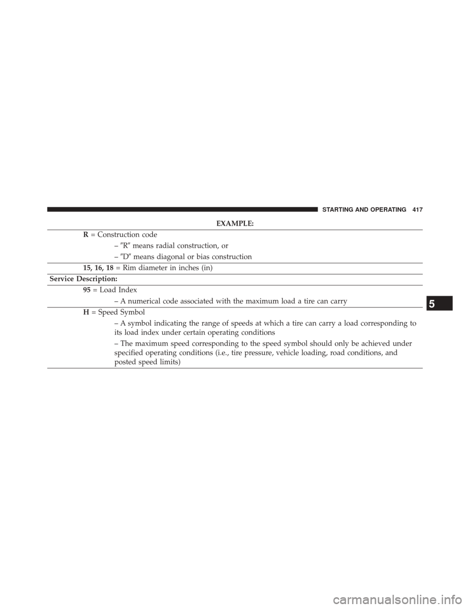 CHRYSLER 300 2014 2.G Owners Manual EXAMPLE:
R = Construction code
–R means radial construction, or
– D means diagonal or bias construction
15, 16, 18 = Rim diameter in inches (in)
Service Description: 95= Load Index
– A numer