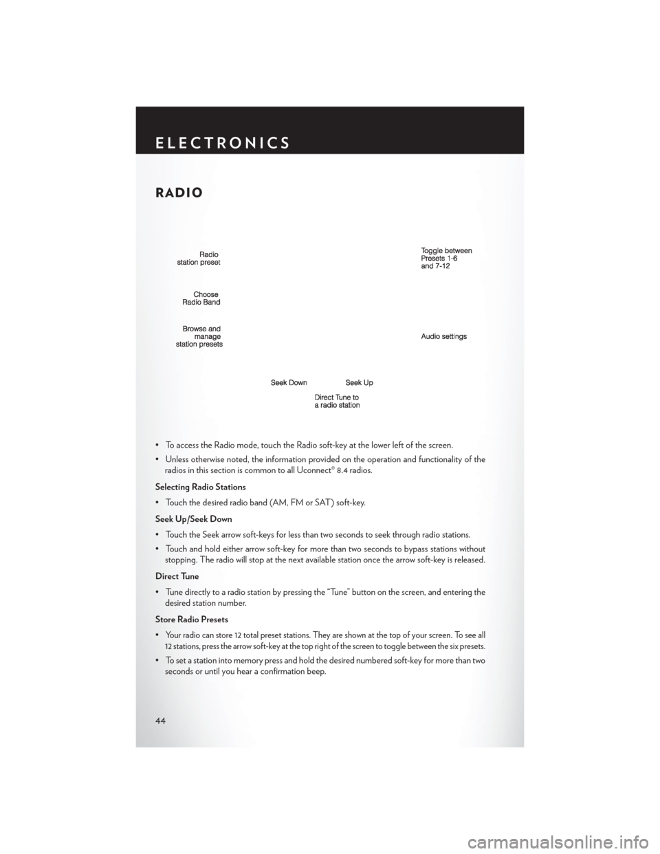 CHRYSLER 300 2014 2.G Owners Manual RADIO
• To access the Radio mode, touch the Radio soft-key at the lower left of the screen.
• Unless otherwise noted, the information provided on the operation and functionality of theradios in th CHRYSLER 300 2014 2.G Owners Manual RADIO
• To access the Radio mode, touch the Radio soft-key at the lower left of the screen.
• Unless otherwise noted, the information provided on the operation and functionality of theradios in th