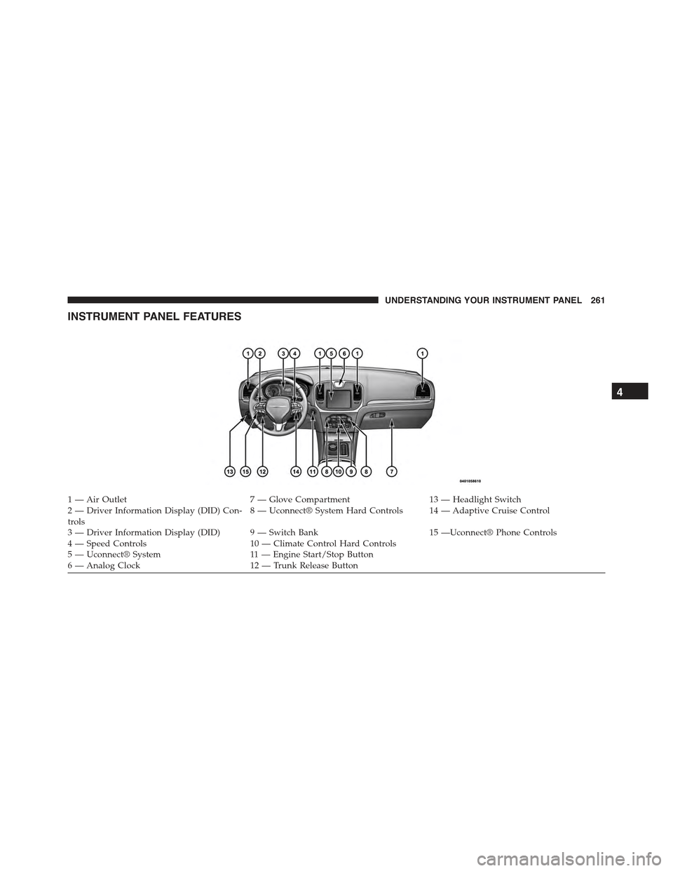 CHRYSLER 300 2015 2.G Owners Manual INSTRUMENT PANEL FEATURES
1—AirOutlet7—GloveCompartment13 — Headlight Switch2 — Driver Information Display (DID) Con-trols8 — Uconnect® System Hard Controls 14 — Adaptive Cruise Control
3 CHRYSLER 300 2015 2.G Owners Manual INSTRUMENT PANEL FEATURES
1—AirOutlet7—GloveCompartment13 — Headlight Switch2 — Driver Information Display (DID) Con-trols8 — Uconnect® System Hard Controls 14 — Adaptive Cruise Control
3