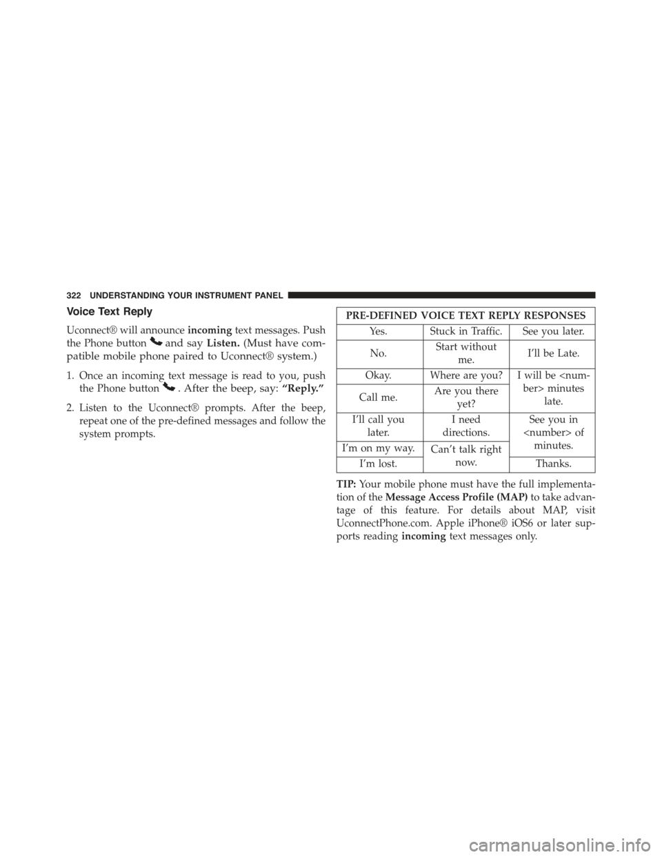 CHRYSLER 300 2015 2.G Owners Manual Voice Text Reply
Uconnect® will announceincomingtext messages. Push
the Phone buttonand sayListen.(Must have com-
patible mobile phone paired to Uconnect® system.)
1. Once an incoming text message i