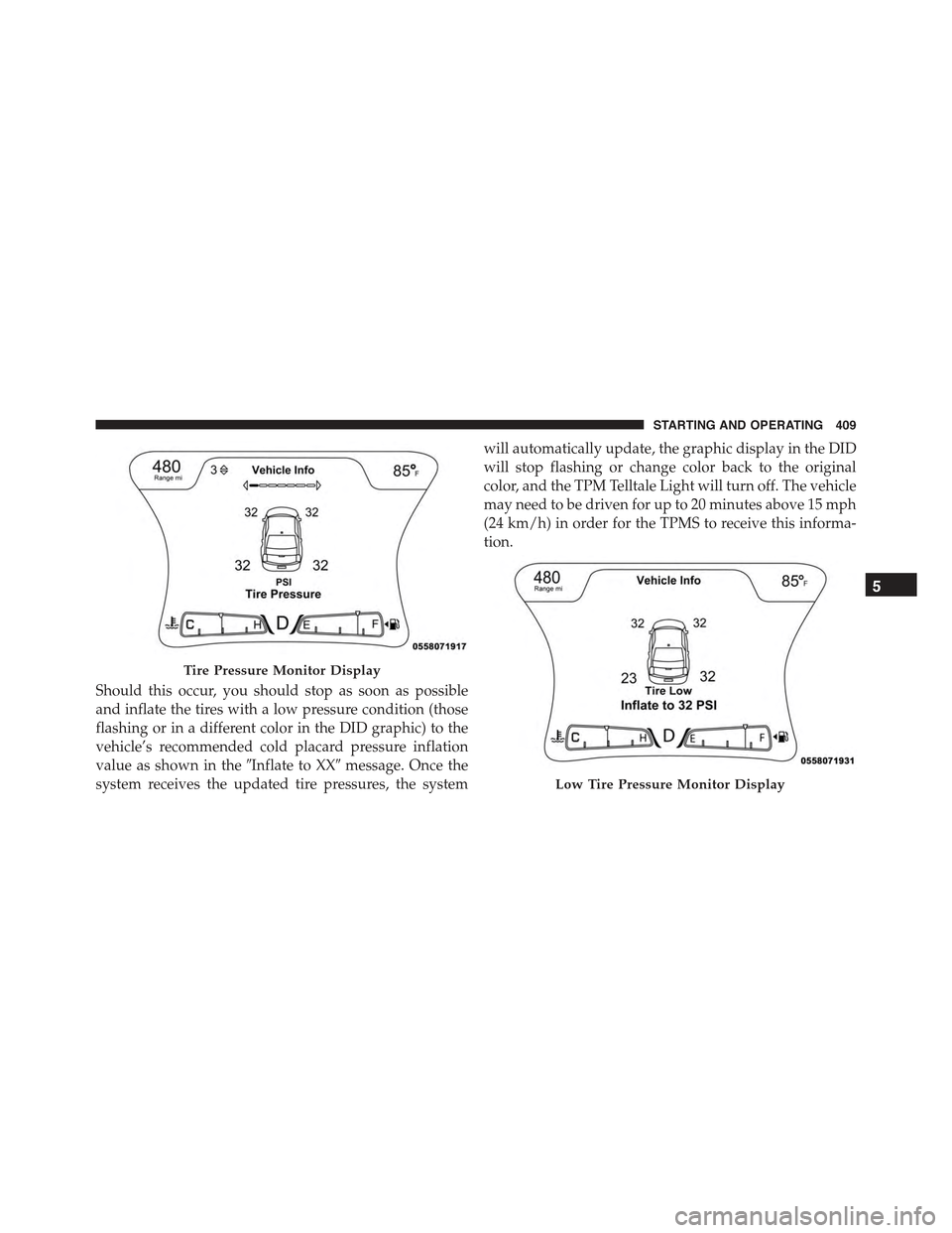 CHRYSLER 300 2015 2.G Owners Manual Should this occur, you should stop as soon as possible
and inflate the tires with a low pressure condition (those
flashing or in a different color in the DID graphic) to the
vehicle’s recommended co CHRYSLER 300 2015 2.G Owners Manual Should this occur, you should stop as soon as possible
and inflate the tires with a low pressure condition (those
flashing or in a different color in the DID graphic) to the
vehicle’s recommended co