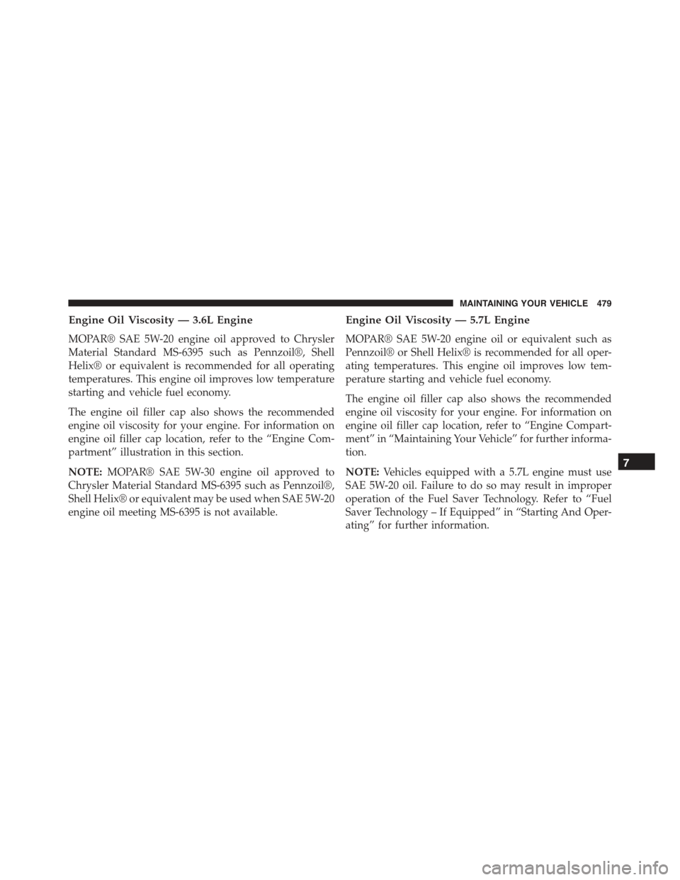 CHRYSLER 300 2015 2.G Owners Manual Engine Oil Viscosity — 3.6L Engine
MOPAR® SAE 5W-20 engine oil approved to Chrysler
Material Standard MS-6395 such as Pennzoil®, Shell
Helix® or equivalent is recommended for all operating
temper
