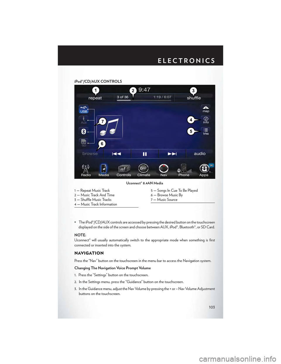 CHRYSLER 300 2015 2.G Owners Manual iPod®/CD/AUX CONTROLS
• The iPod®/CD/AUX controls are accessed by pressing the desired button on the touchscreen
displayed on the side of the screen and choose between AUX, iPod®, Bluetooth®, or CHRYSLER 300 2015 2.G Owners Manual iPod®/CD/AUX CONTROLS
• The iPod®/CD/AUX controls are accessed by pressing the desired button on the touchscreen
displayed on the side of the screen and choose between AUX, iPod®, Bluetooth®, or