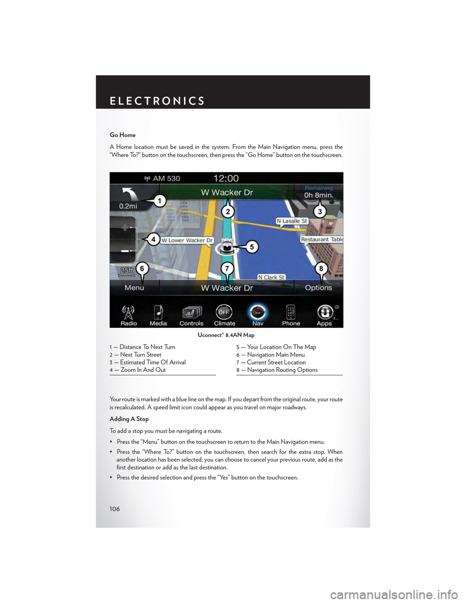 CHRYSLER 300 2015 2.G Owners Manual Go Home
AHomelocationmustbesavedinthesystem.FromtheMainNavigationmenu,pressthe
“Where To?” button on the touchscreen, then press the “Go Home” button on the touchscreen.
Yo u r r o u t e i s m CHRYSLER 300 2015 2.G Owners Manual Go Home
AHomelocationmustbesavedinthesystem.FromtheMainNavigationmenu,pressthe
“Where To?” button on the touchscreen, then press the “Go Home” button on the touchscreen.
Yo u r r o u t e i s m