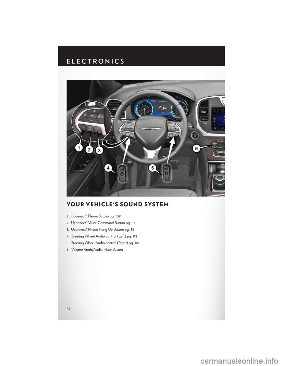 CHRYSLER 300 2015 2.G Owners Manual YO U R V E H I C L E S S O U N D S YS T E M
1. Uconnect® Phone Button pg. 109
2. Uconnect® Voice Command Button pg. 82
3. Uconnect® Phone Hang Up Button pg. 82
4. Steering Wheel Audio control (Le CHRYSLER 300 2015 2.G Owners Manual YO U R V E H I C L E S S O U N D S YS T E M
1. Uconnect® Phone Button pg. 109
2. Uconnect® Voice Command Button pg. 82
3. Uconnect® Phone Hang Up Button pg. 82
4. Steering Wheel Audio control (Le