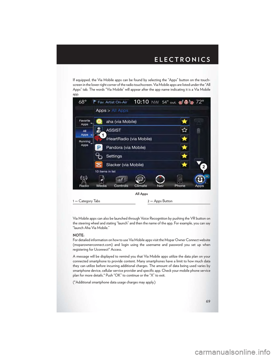 CHRYSLER 300 2015 2.G Owners Manual If equipped, the Via Mobile apps can be found by selecting the “Apps” button on the touch-
screen in the lower right corner of the radio touchscreen. Via Mobile apps are listed under the “All
Ap CHRYSLER 300 2015 2.G Owners Manual If equipped, the Via Mobile apps can be found by selecting the “Apps” button on the touch-
screen in the lower right corner of the radio touchscreen. Via Mobile apps are listed under the “All
Ap