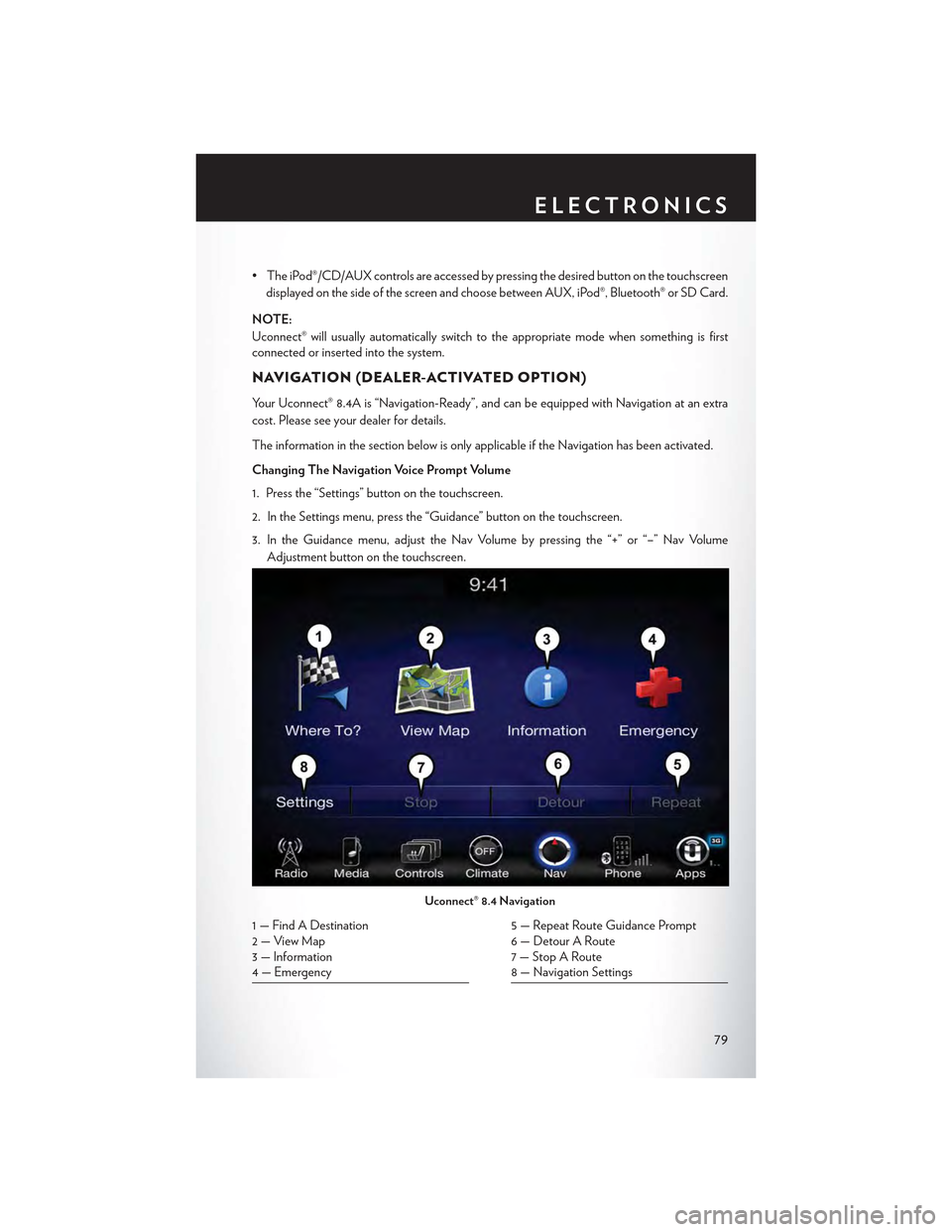 CHRYSLER 300 2015 2.G Owners Manual • The iPod®/CD/AUX controls are accessed by pressing the desired button on the touchscreen
displayed on the side of the screen and choose between AUX, iPod®, Bluetooth® or SD Card.
NOTE:
Uconnect CHRYSLER 300 2015 2.G Owners Manual • The iPod®/CD/AUX controls are accessed by pressing the desired button on the touchscreen
displayed on the side of the screen and choose between AUX, iPod®, Bluetooth® or SD Card.
NOTE:
Uconnect