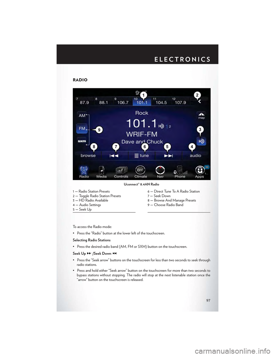 CHRYSLER 300 2015 2.G Owners Manual RADIO
To a c c e s s t h e R a d i o m o d e :
•Pressthe“Radio”buttonatthelowerleftofthetouchscreen.
Selecting Radio Stations
•Pressthedesiredradioband(AM,FMorSXM)buttononthetouchscreen.
Seek CHRYSLER 300 2015 2.G Owners Manual RADIO
To a c c e s s t h e R a d i o m o d e :
•Pressthe“Radio”buttonatthelowerleftofthetouchscreen.
Selecting Radio Stations
•Pressthedesiredradioband(AM,FMorSXM)buttononthetouchscreen.
Seek