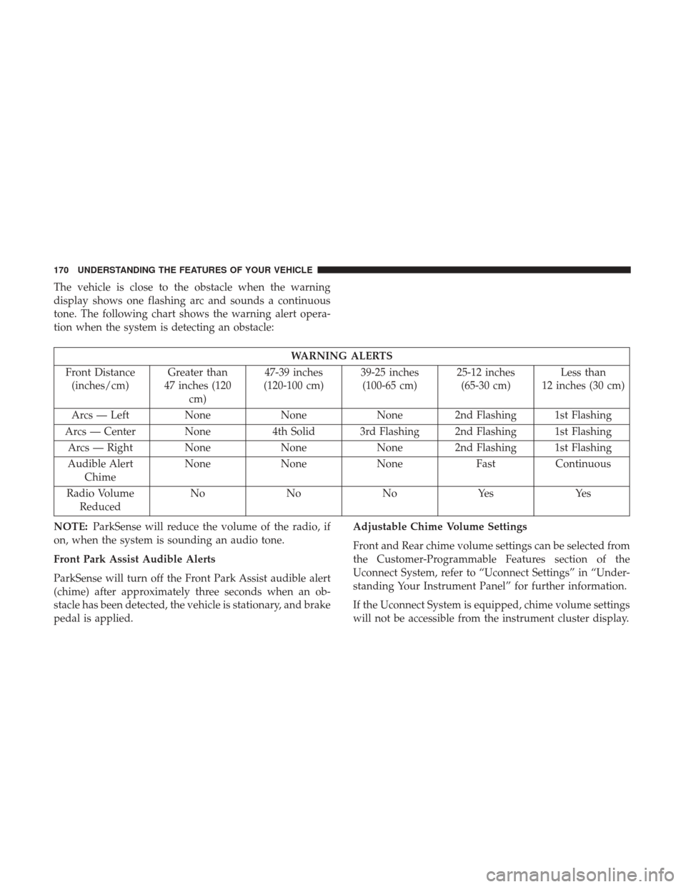 CHRYSLER 300 2017 2.G Owners Manual The vehicle is close to the obstacle when the warning
display shows one flashing arc and sounds a continuous
tone. The following chart shows the warning alert opera-
tion when the system is detecting CHRYSLER 300 2017 2.G Owners Manual The vehicle is close to the obstacle when the warning
display shows one flashing arc and sounds a continuous
tone. The following chart shows the warning alert opera-
tion when the system is detecting