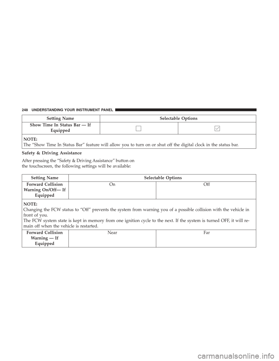 CHRYSLER 300 2017 2.G Owners Manual Setting NameSelectable Options
Show Time In Status Bar — If Equipped
NOTE:
The “Show Time In Status Bar” feature will allow you to turn on or shut off the digital clock in the status bar.
Safety