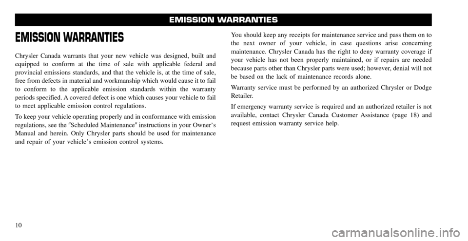 CHRYSLER 300 2010 1.G Warranty Booklet 