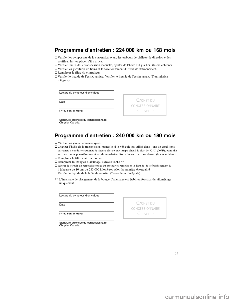 CHRYSLER 300 2013 2.G Warranty Booklet Programme d’entretien : 224 000 km ou 168 mois
�Vérifier les composants de la suspension avant, les embouts de biellette de direction et les
soufflets; les remplacer s’il y a lieu.
� Vérifier l