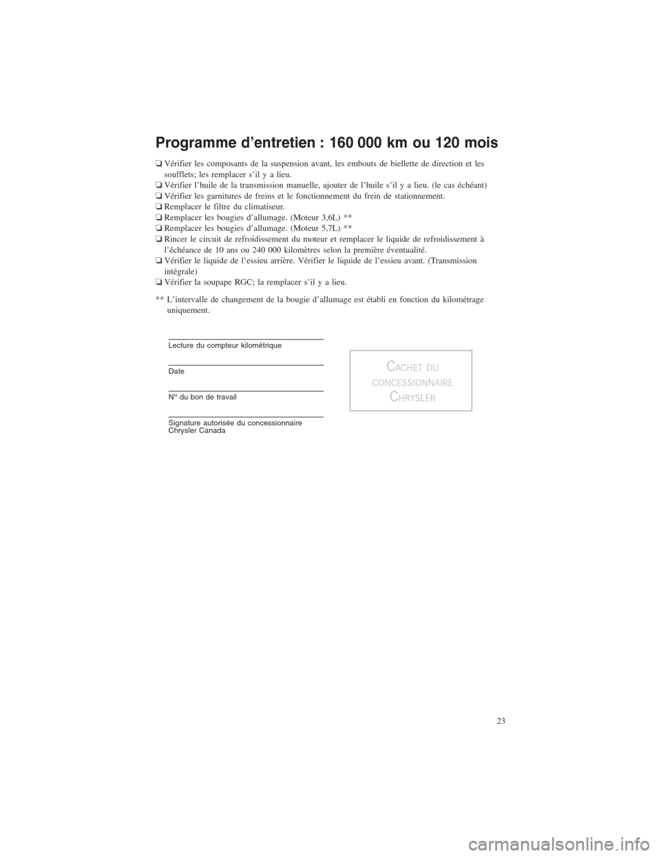 CHRYSLER 300 2014 2.G Warranty Booklet Programme d’entretien : 160 000 km ou 120 mois
❏Vérifier les composants de la suspension avant, les embouts de biellette de direction et les
soufflets; les remplacer s’il y a lieu.
❏Vérifier CHRYSLER 300 2014 2.G Warranty Booklet Programme d’entretien : 160 000 km ou 120 mois
❏Vérifier les composants de la suspension avant, les embouts de biellette de direction et les
soufflets; les remplacer s’il y a lieu.
❏Vérifier