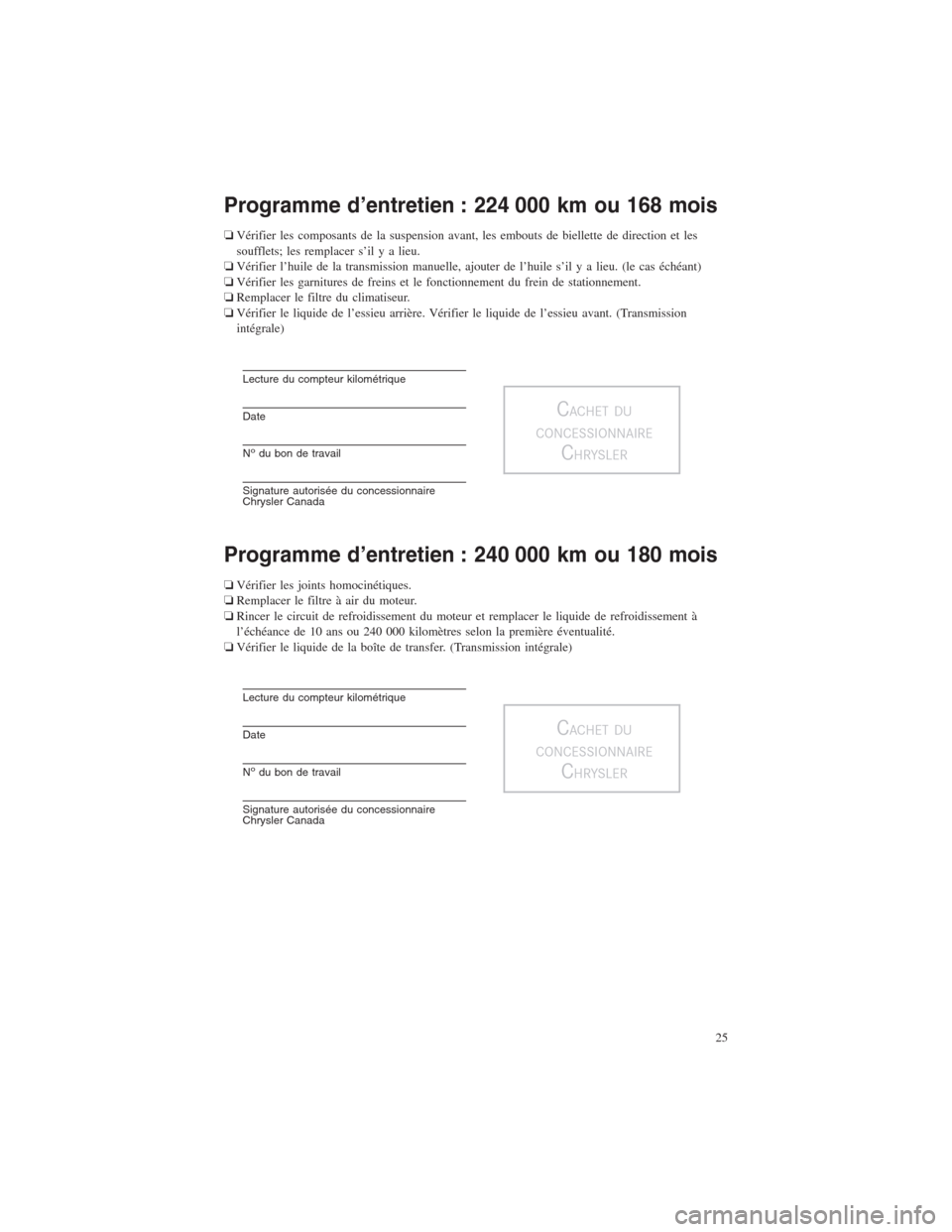 CHRYSLER 300 2014 2.G Warranty Booklet Programme d’entretien : 224 000 km ou 168 mois
❏Vérifier les composants de la suspension avant, les embouts de biellette de direction et les
soufflets; les remplacer s’il y a lieu.
❏Vérifier CHRYSLER 300 2014 2.G Warranty Booklet Programme d’entretien : 224 000 km ou 168 mois
❏Vérifier les composants de la suspension avant, les embouts de biellette de direction et les
soufflets; les remplacer s’il y a lieu.
❏Vérifier