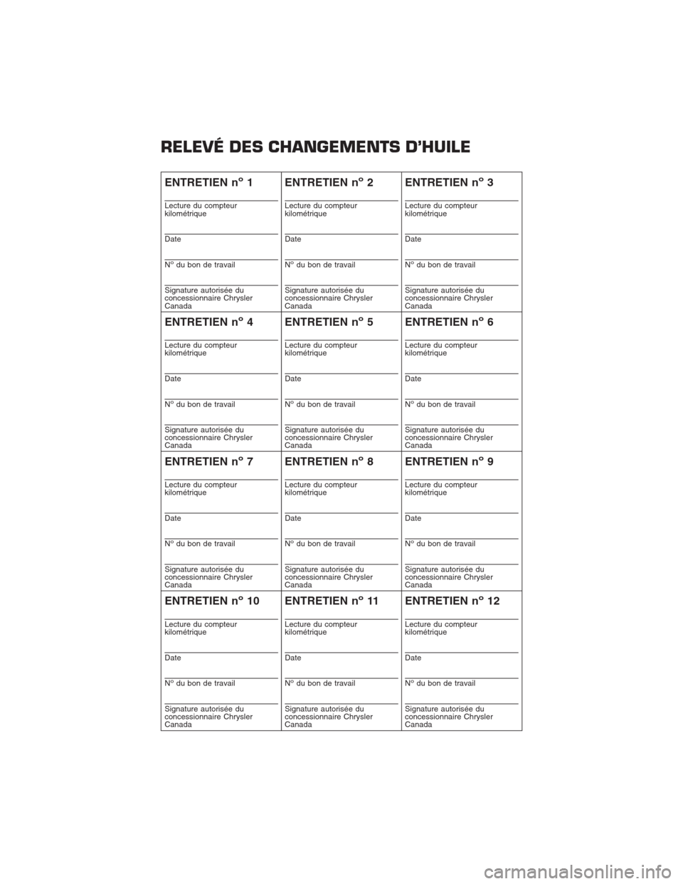 CHRYSLER 300 2014 2.G Warranty Booklet RELEVÉ DES CHANGEMENTS D’HUILE
ENTRETIEN no1
Lecture du compteur
kilométrique
Date
Nodu bon de travail
Signature autorisée du
concessionnaire Chrysler
Canada
ENTRETIEN no2
Lecture du compteur
kil CHRYSLER 300 2014 2.G Warranty Booklet RELEVÉ DES CHANGEMENTS D’HUILE
ENTRETIEN no1
Lecture du compteur
kilométrique
Date
Nodu bon de travail
Signature autorisée du
concessionnaire Chrysler
Canada
ENTRETIEN no2
Lecture du compteur
kil