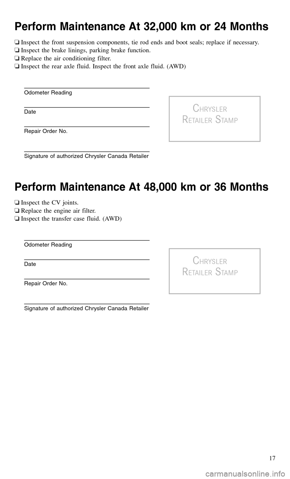 CHRYSLER 300 2016 2.G Warranty Booklet Perform Maintenance At 32,000 km or 24 Months
❏Inspect the front suspension components, tie rod ends and boot seals; replace if necessary.
❏Inspect the brake linings, parking brake function.
❏Re