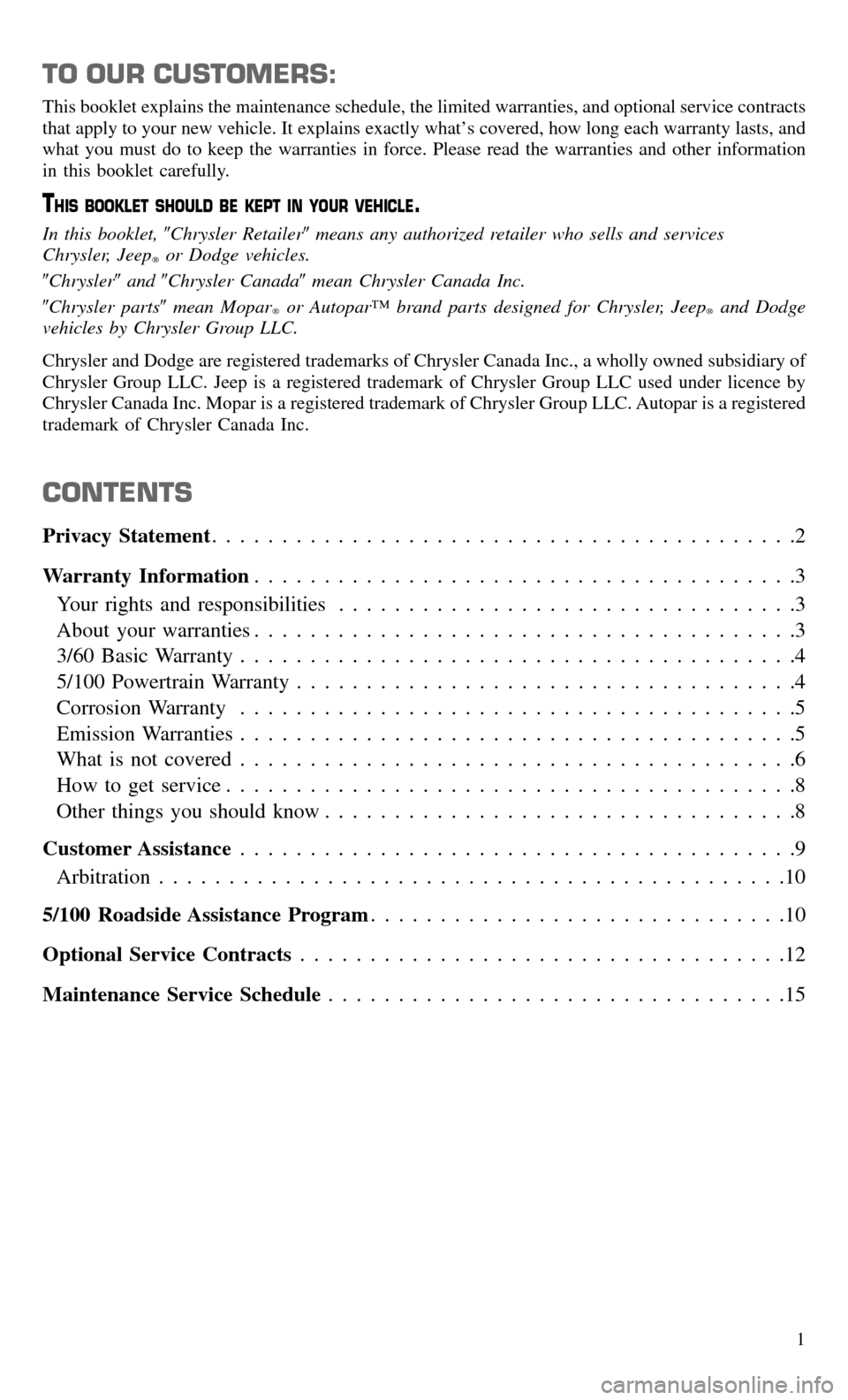 CHRYSLER 300 2016 2.G Warranty Booklet TO OUR CUSTOMERS:
This booklet explains the maintenance schedule, the limited warranties, and optional service contracts
that apply to your new vehicle. It explains exactly what’s covered, how long CHRYSLER 300 2016 2.G Warranty Booklet TO OUR CUSTOMERS:
This booklet explains the maintenance schedule, the limited warranties, and optional service contracts
that apply to your new vehicle. It explains exactly what’s covered, how long