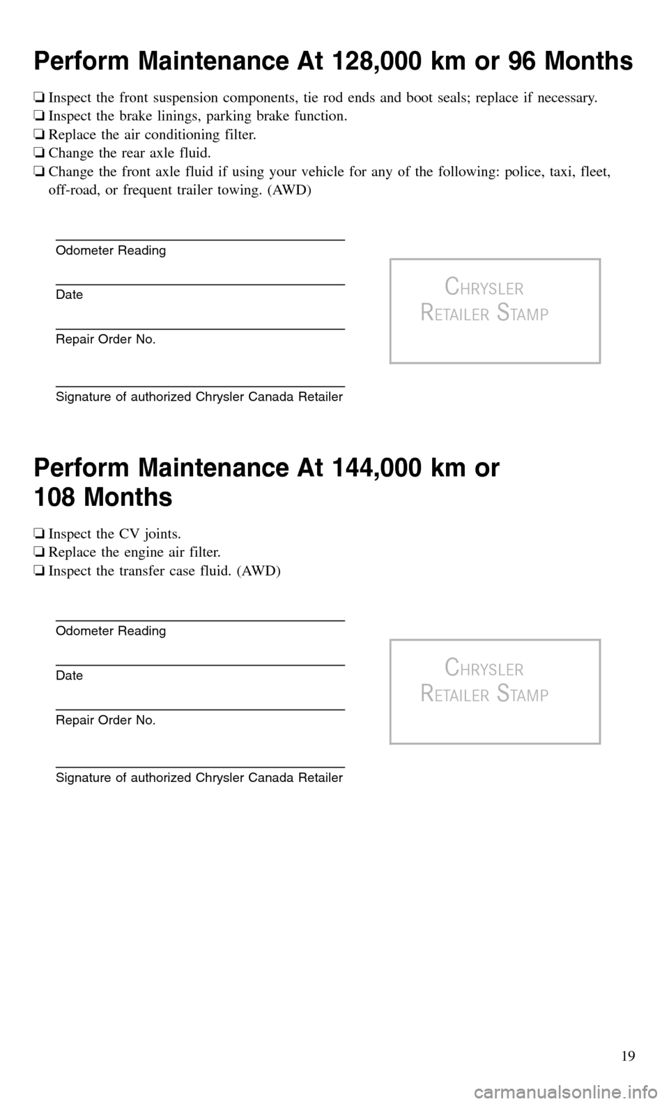 CHRYSLER 300 2016 2.G Warranty Booklet Perform Maintenance At 128,000 km or 96 Months
❏Inspect the front suspension components, tie rod ends and boot seals; replace if necessary.
❏Inspect the brake linings, parking brake function.
❏R CHRYSLER 300 2016 2.G Warranty Booklet Perform Maintenance At 128,000 km or 96 Months
❏Inspect the front suspension components, tie rod ends and boot seals; replace if necessary.
❏Inspect the brake linings, parking brake function.
❏R