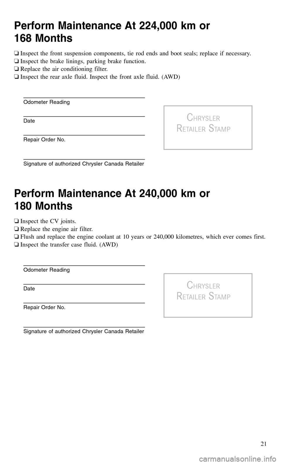 CHRYSLER 300 2016 2.G Warranty Booklet Perform Maintenance At 224,000 km or
168 Months
❏Inspect the front suspension components, tie rod ends and boot seals; replace if necessary.
❏Inspect the brake linings, parking brake function.
❏