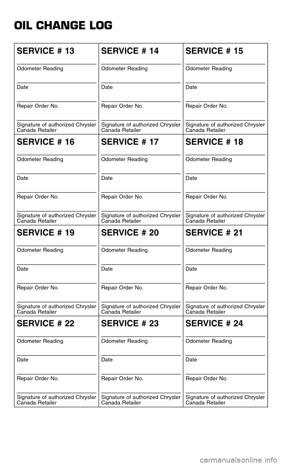 CHRYSLER 300 2016 2.G Warranty Booklet OIL CHANGE LOG
SERVICE # 13
Odometer Reading
Date
Repair Order No.
Signature of authorized Chrysler
Canada Retailer
SERVICE # 14
Odometer Reading
Date
Repair Order No.
Signature of authorized Chrysler CHRYSLER 300 2016 2.G Warranty Booklet OIL CHANGE LOG
SERVICE # 13
Odometer Reading
Date
Repair Order No.
Signature of authorized Chrysler
Canada Retailer
SERVICE # 14
Odometer Reading
Date
Repair Order No.
Signature of authorized Chrysler
