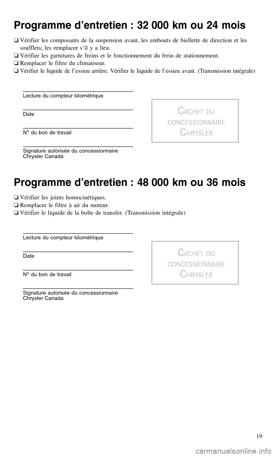 CHRYSLER 300 2016 2.G Warranty Booklet Programme d’entretien : 32 000 km ou 24 mois
❏Vérifier les composants de la suspension avant, les embouts de biellette de direction et les
soufflets; les remplacer s’il y a lieu.
❏Vérifier l