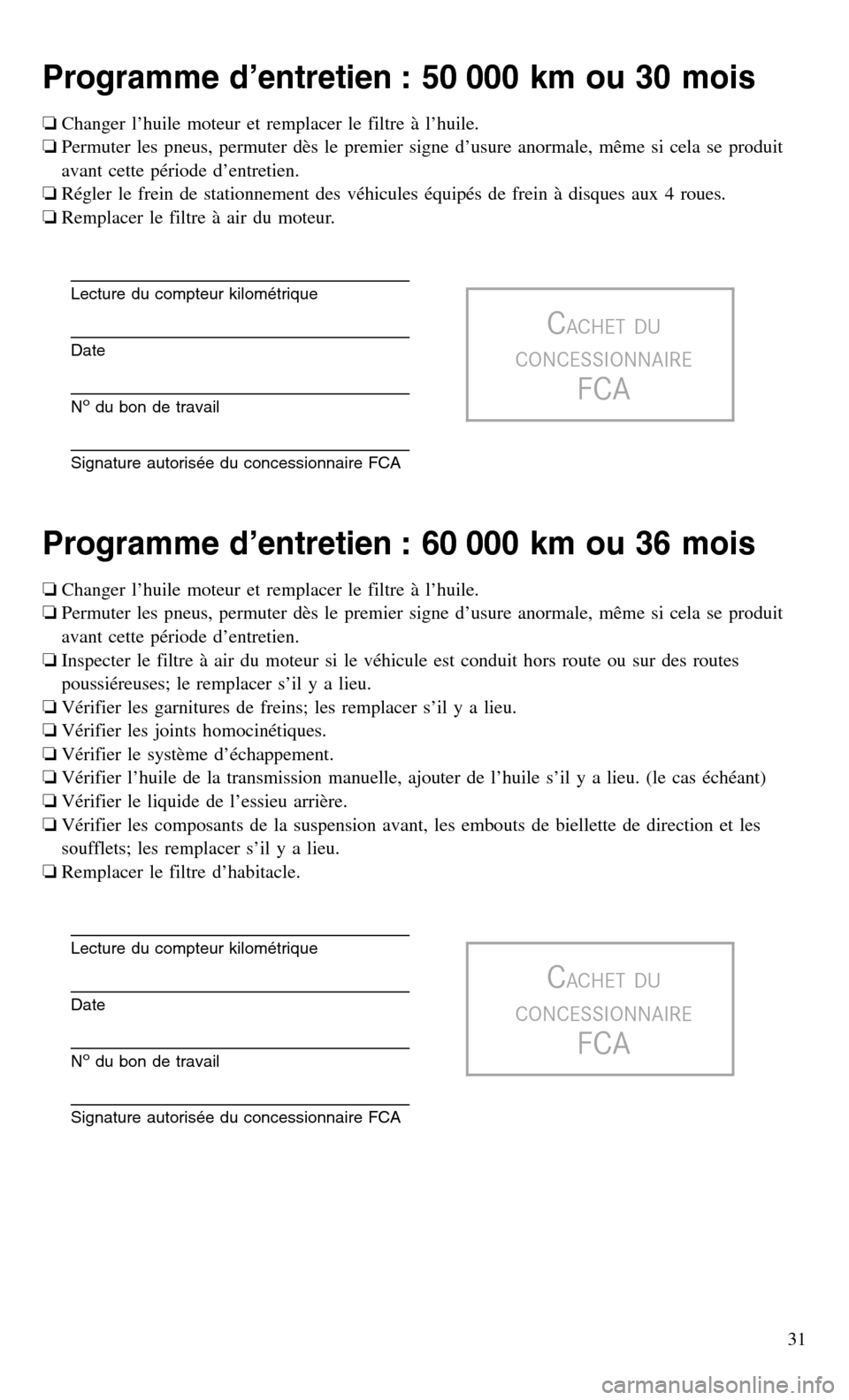 CHRYSLER 300 2017 2.G Warranty Booklet Programme d’entretien : 50 000 km ou 30 mois
❏Changer l’huile moteur et remplacer le filtre à l’huile.
❏ Permuter les pneus, permuter dès le premier signe d’usure anormale, même si cela