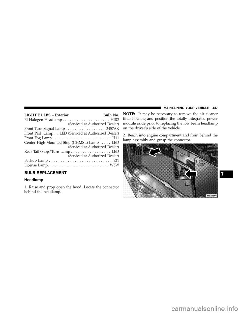CHRYSLER 200 CONVERTIBLE 2011 1.G Owners Manual LIGHT BULBS – ExteriorBulb No.
Bi-Halogen Headlamp .................... HIR2
(Serviced at Authorized Dealer)
Front Turn Signal Lamp .................3457AK
Front Park Lamp . . LED (Serviced at Autho