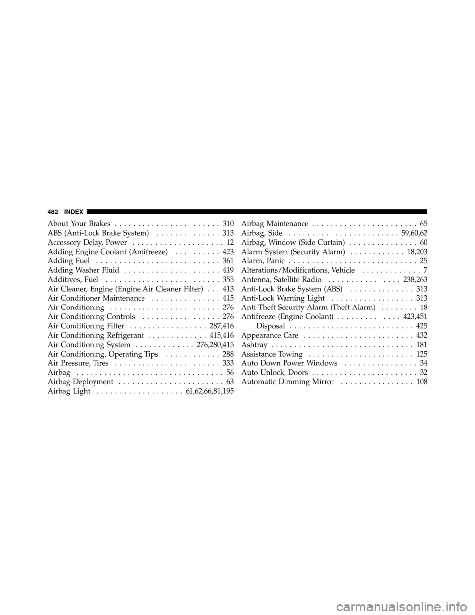 CHRYSLER 200 CONVERTIBLE 2011 1.G Owners Manual About Your Brakes....................... 310
ABS (Anti-Lock Brake System) .............. 313
Accessory Delay, Power .................... 12
Adding Engine Coolant (Antifreeze) .......... 423
Adding Fue