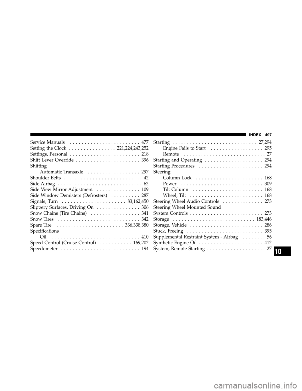 CHRYSLER 200 CONVERTIBLE 2011 1.G Owners Manual Service Manuals........................ 477
Setting the Clock ................ 221,224,243,252
Settings, Personal ........................ 218
Shift Lever Override ...................... 396
Shifting CHRYSLER 200 CONVERTIBLE 2011 1.G Owners Manual Service Manuals........................ 477
Setting the Clock ................ 221,224,243,252
Settings, Personal ........................ 218
Shift Lever Override ...................... 396
Shifting