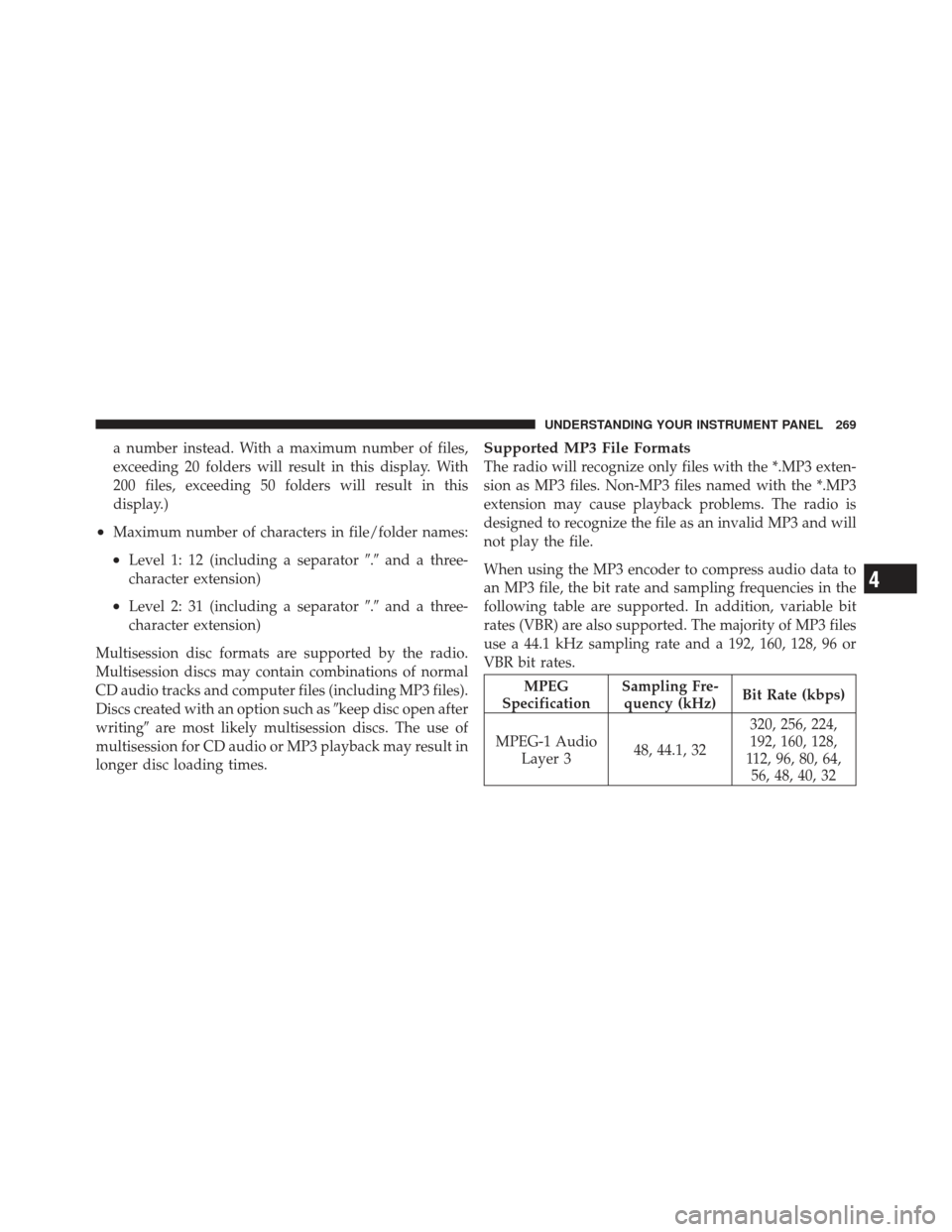 CHRYSLER 200 CONVERTIBLE 2012 1.G Owners Manual a number instead. With a maximum number of files,
exceeding 20 folders will result in this display. With
200 files, exceeding 50 folders will result in this
display.)
•Maximum number of characters i