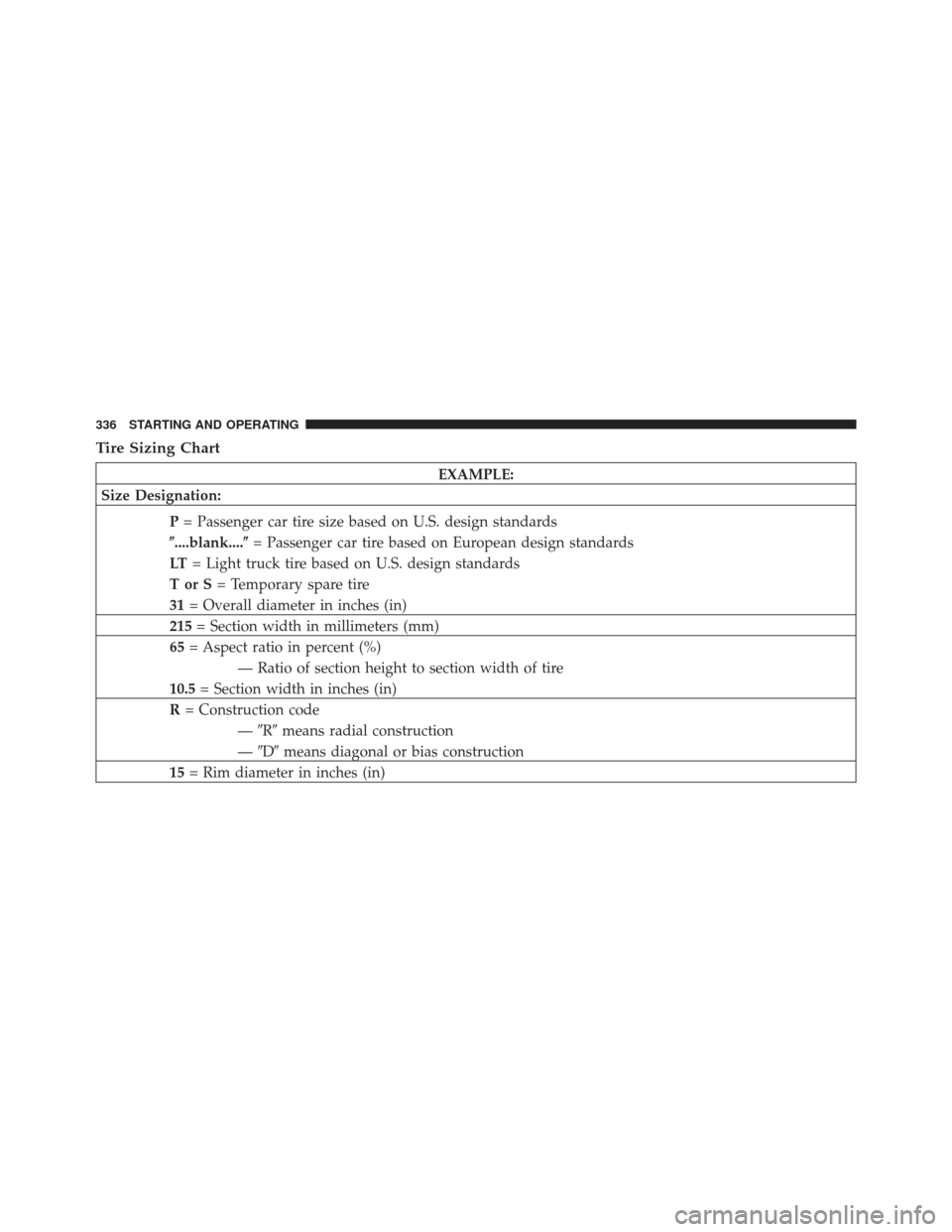 CHRYSLER 200 CONVERTIBLE 2012 1.G Owners Manual Tire Sizing Chart
EXAMPLE:
Size Designation:
P= Passenger car tire size based on U.S. design standards
....blank.... = Passenger car tire based on European design standards
LT = Light truck tire bas