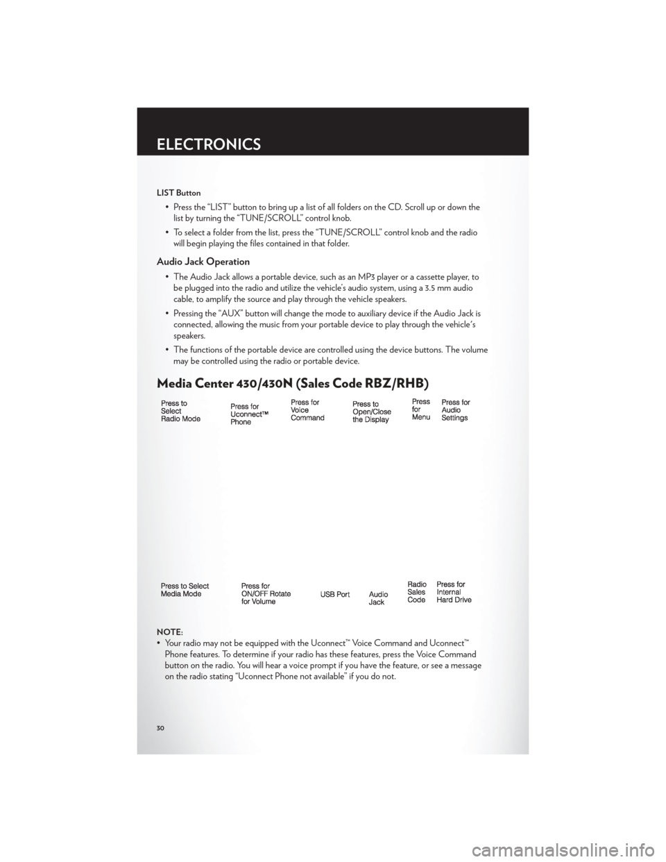CHRYSLER 200 CONVERTIBLE 2012 1.G Owners Guide LIST Button
• Press the “LIST” button to bring up a list of all folders on the CD. Scroll up or down thelist by turning the “TUNE/SCROLL” control knob.
• To select a folder from the list, CHRYSLER 200 CONVERTIBLE 2012 1.G Owners Guide LIST Button
• Press the “LIST” button to bring up a list of all folders on the CD. Scroll up or down thelist by turning the “TUNE/SCROLL” control knob.
• To select a folder from the list,