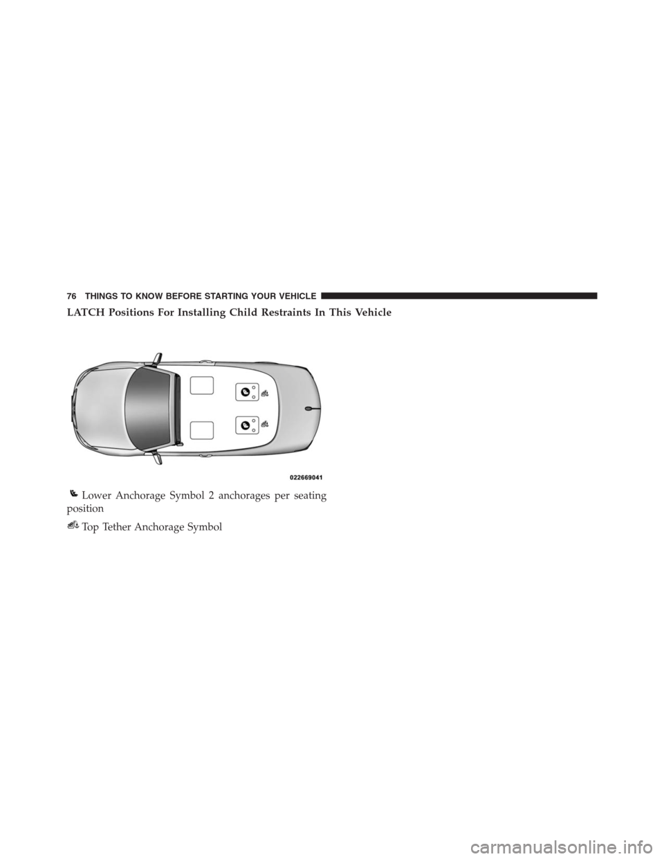 CHRYSLER 200 CONVERTIBLE 2013 1.G Manual PDF LATCH Positions For Installing Child Restraints In This Vehicle
Lower Anchorage Symbol 2 anchorages per seating
position
Top Tether Anchorage Symbol
76 THINGS TO KNOW BEFORE STARTING YOUR VEHICLE CHRYSLER 200 CONVERTIBLE 2013 1.G Manual PDF LATCH Positions For Installing Child Restraints In This Vehicle
Lower Anchorage Symbol 2 anchorages per seating
position
Top Tether Anchorage Symbol
76 THINGS TO KNOW BEFORE STARTING YOUR VEHICLE