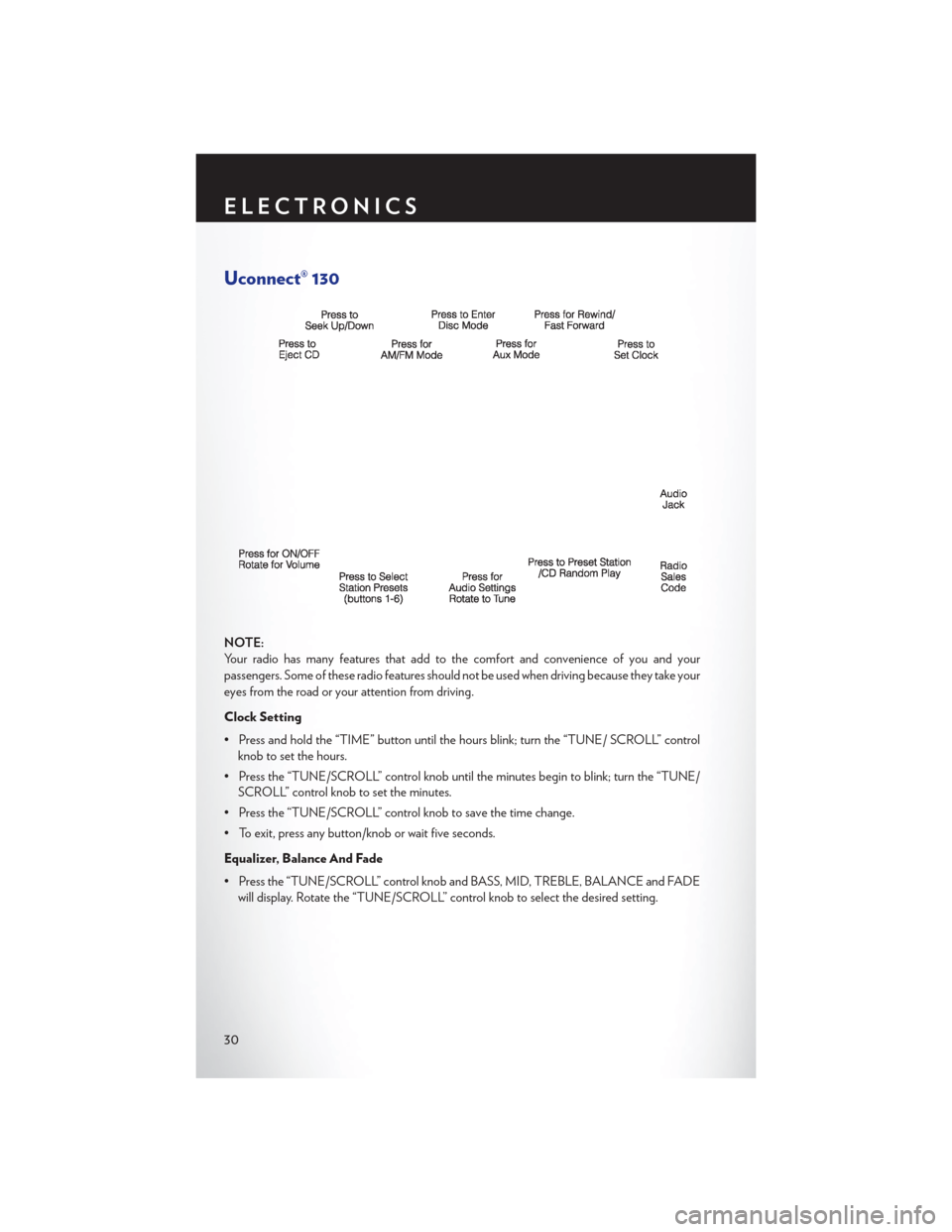 CHRYSLER 200 CONVERTIBLE 2013 1.G Owners Guide Uconnect® 130
NOTE:
Your radio has many features that add to the comfort and convenience of you and your
passengers. Some of these radio features should not be used when driving because they take you CHRYSLER 200 CONVERTIBLE 2013 1.G Owners Guide Uconnect® 130
NOTE:
Your radio has many features that add to the comfort and convenience of you and your
passengers. Some of these radio features should not be used when driving because they take you