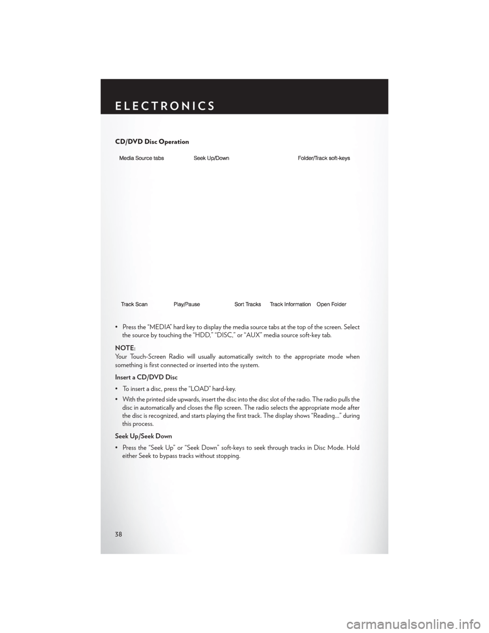 CHRYSLER 200 CONVERTIBLE 2013 1.G Owners Guide CD/DVD Disc Operation
• Press the “MEDIA” hard key to display the media source tabs at the top of the screen. Selectthe source by touching the “HDD,” “DISC,” or “AUX” media source so CHRYSLER 200 CONVERTIBLE 2013 1.G Owners Guide CD/DVD Disc Operation
• Press the “MEDIA” hard key to display the media source tabs at the top of the screen. Selectthe source by touching the “HDD,” “DISC,” or “AUX” media source so