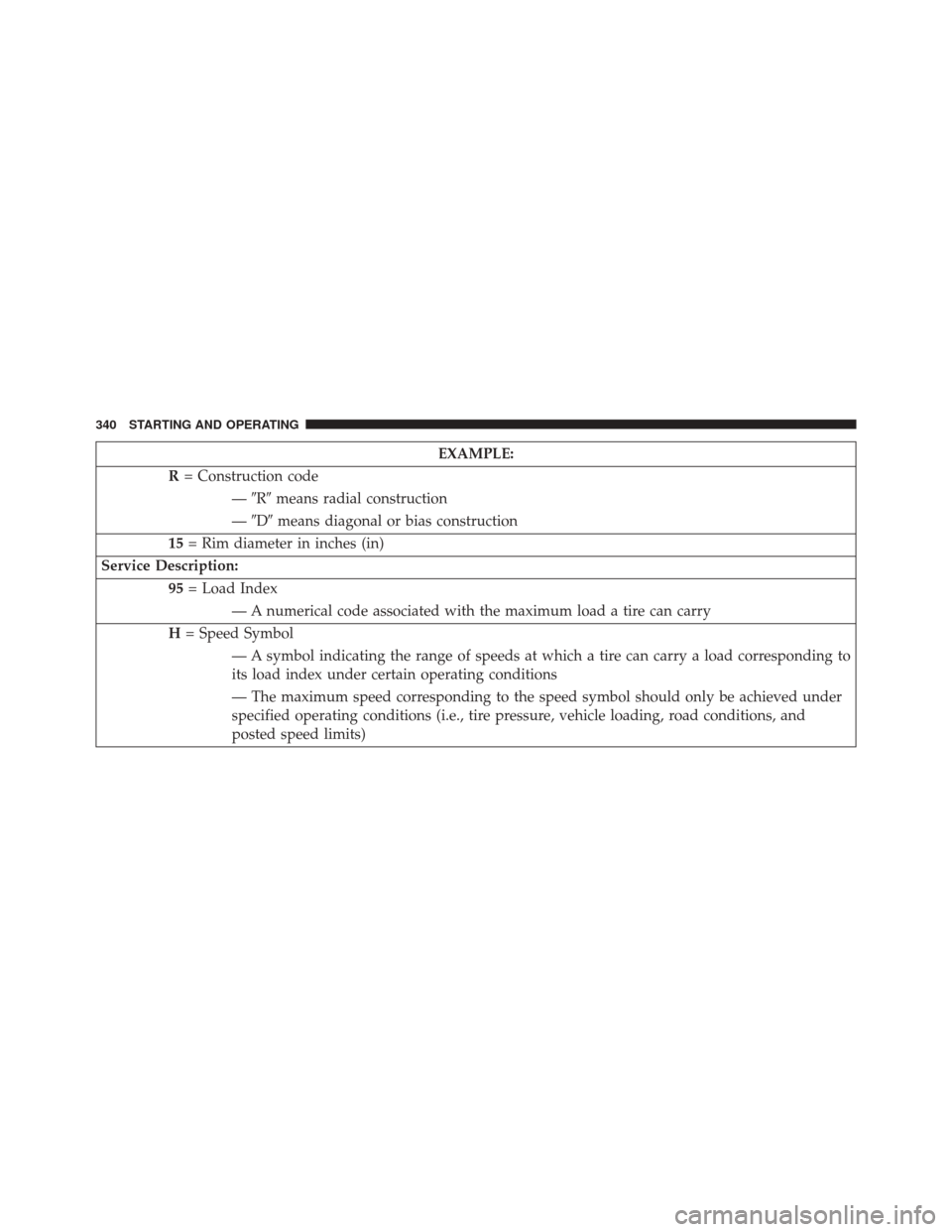 CHRYSLER 200 CONVERTIBLE 2014 1.G Owners Manual EXAMPLE:
R = Construction code
—R means radial construction
— D means diagonal or bias construction
15 = Rim diameter in inches (in)
Service Description: 95= Load Index
— A numerical code as