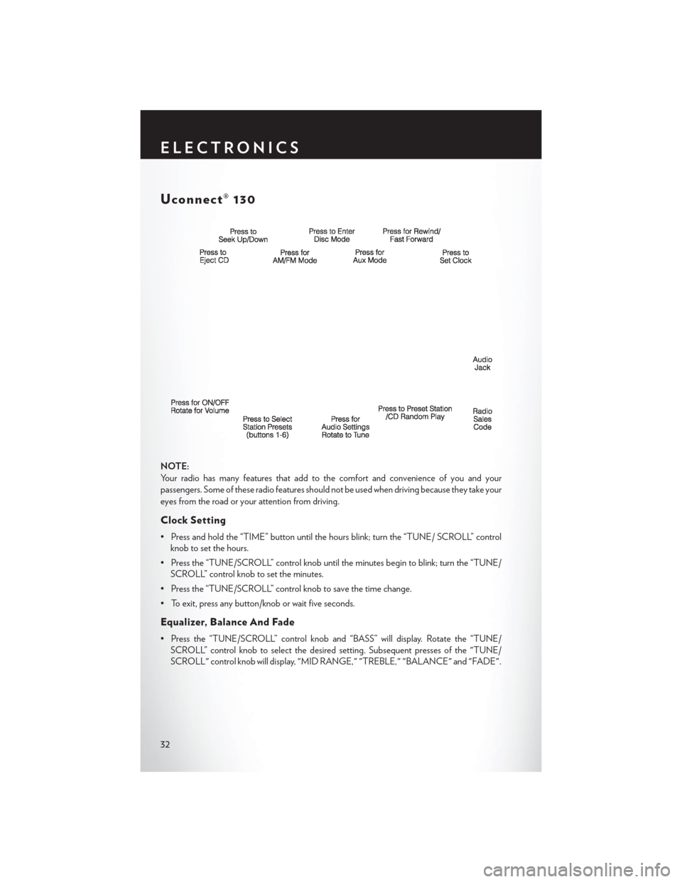 CHRYSLER 200 CONVERTIBLE 2014 1.G User Guide Uconnect® 130
NOTE:
Your radio has many features that add to the comfort and convenience of you and your
passengers. Some of these radio features should not be used when driving because they take you