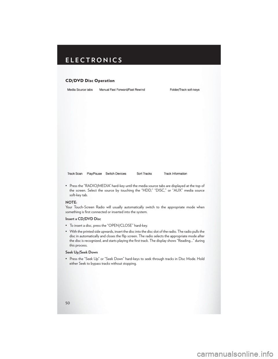 CHRYSLER 200 CONVERTIBLE 2014 1.G User Guide CD/DVD Disc Operation
• Press the “RADIO/MEDIA” hard-key until the media source tabs are displayed at the top ofthe screen. Select the source by touching the “HDD,” “DISC,” or “AUX” CHRYSLER 200 CONVERTIBLE 2014 1.G User Guide CD/DVD Disc Operation
• Press the “RADIO/MEDIA” hard-key until the media source tabs are displayed at the top ofthe screen. Select the source by touching the “HDD,” “DISC,” or “AUX”