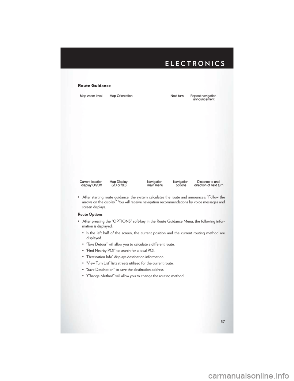 CHRYSLER 200 CONVERTIBLE 2014 1.G User Guide Route Guidance
• After starting route guidance, the system calculates the route and announces: “Follow thearrows on the display.” You will receive navigation recommendations by voice messages an CHRYSLER 200 CONVERTIBLE 2014 1.G User Guide Route Guidance
• After starting route guidance, the system calculates the route and announces: “Follow thearrows on the display.” You will receive navigation recommendations by voice messages an