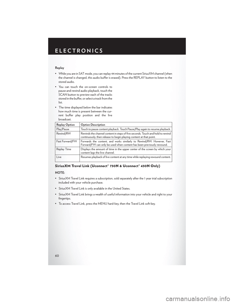 CHRYSLER 200 CONVERTIBLE 2014 1.G Owners Manual Replay
• While you are in SAT mode, you can replay 44 minutes of the current SiriusXM channel (whenthe channel is changed, this audio buffer is erased). Press the REPLAY button to listen to the
stor CHRYSLER 200 CONVERTIBLE 2014 1.G Owners Manual Replay
• While you are in SAT mode, you can replay 44 minutes of the current SiriusXM channel (whenthe channel is changed, this audio buffer is erased). Press the REPLAY button to listen to the
stor