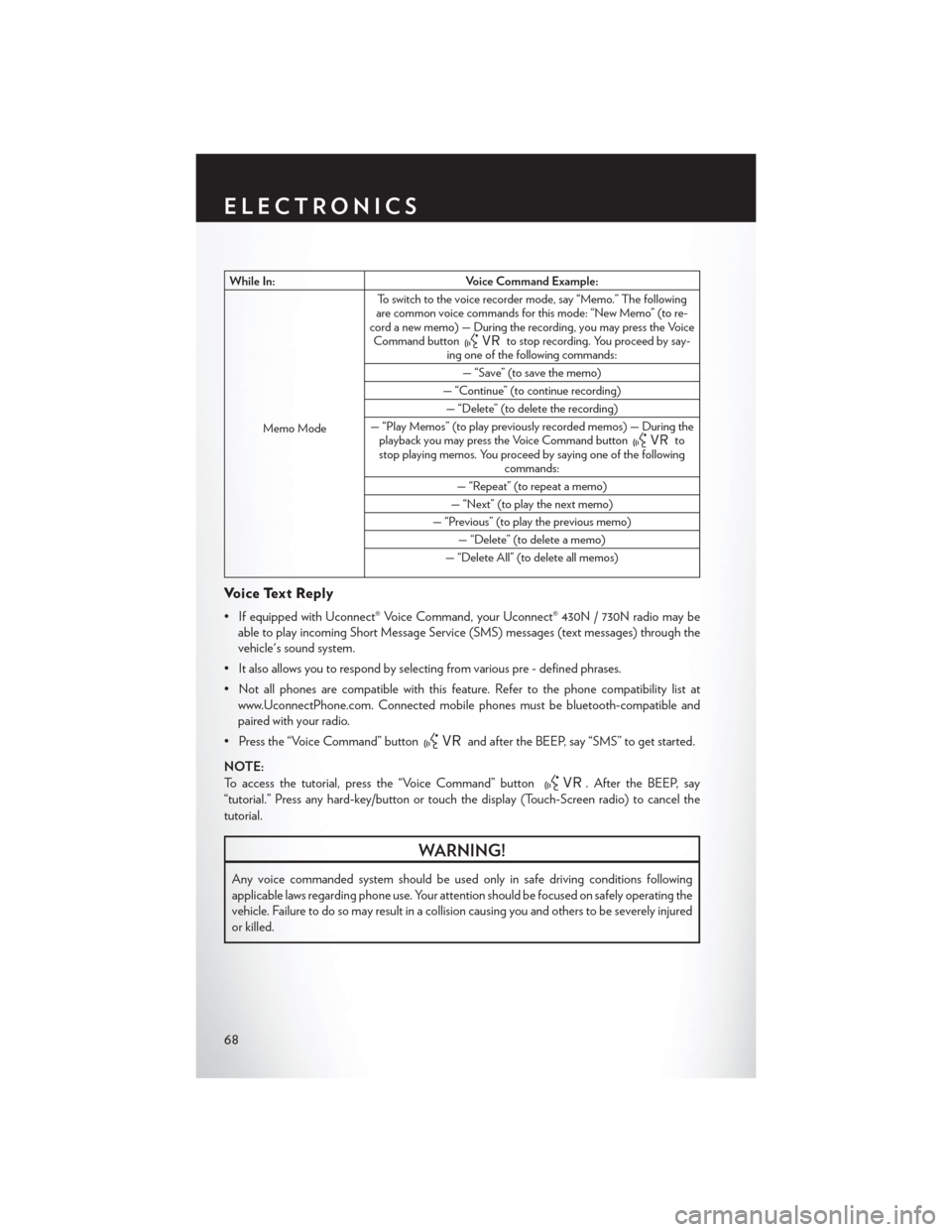 CHRYSLER 200 CONVERTIBLE 2014 1.G User Guide While In:Voice Command Example:
Memo Mode To switch to the voice recorder mode, say “Memo.” The following
are common voice commands for this mode: “New Memo” (to re-
cord a new memo) — Durin CHRYSLER 200 CONVERTIBLE 2014 1.G User Guide While In:Voice Command Example:
Memo Mode To switch to the voice recorder mode, say “Memo.” The following
are common voice commands for this mode: “New Memo” (to re-
cord a new memo) — Durin