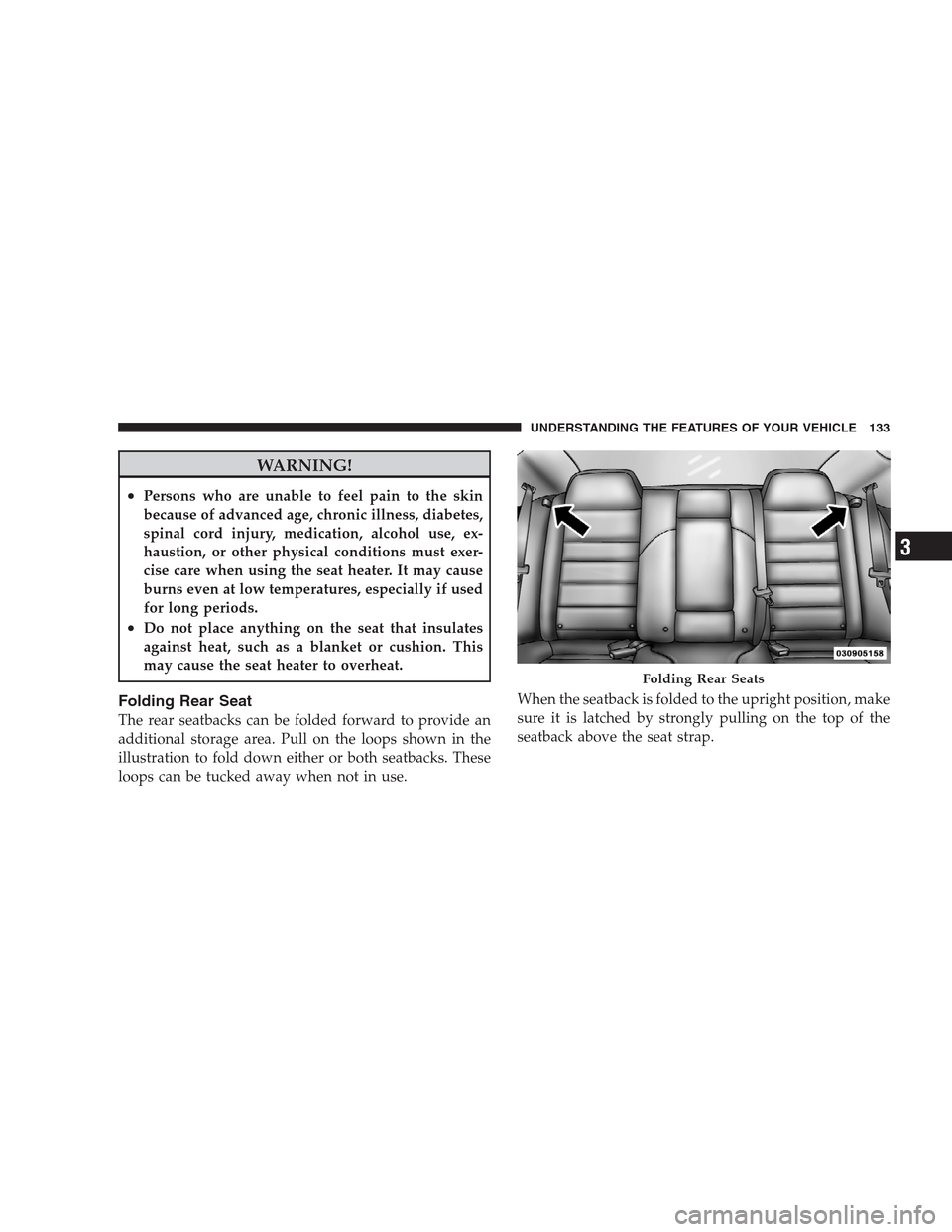 CHRYSLER 300 C 2009 1.G User Guide WARNING!
•Persons who are unable to feel pain to the skin
because of advanced age, chronic illness, diabetes,
spinal cord injury, medication, alcohol use, ex-
haustion, or other physical conditions 