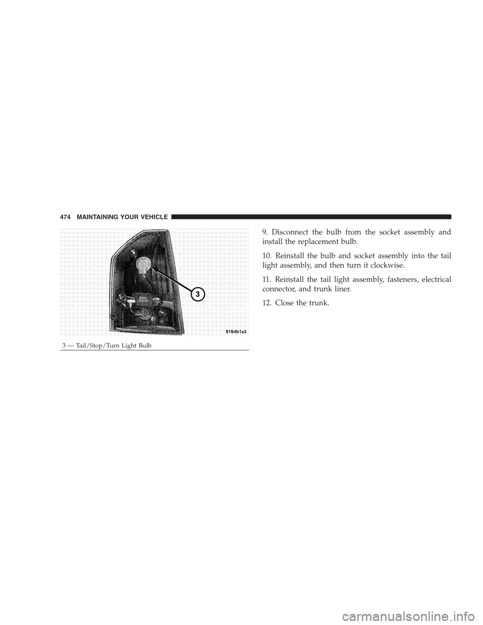 CHRYSLER 300 C 2009 1.G Owners Guide 9. Disconnect the bulb from the socket assembly and
install the replacement bulb.
10. Reinstall the bulb and socket assembly into the tail
light assembly, and then turn it clockwise.
11. Reinstall the CHRYSLER 300 C 2009 1.G Owners Guide 9. Disconnect the bulb from the socket assembly and
install the replacement bulb.
10. Reinstall the bulb and socket assembly into the tail
light assembly, and then turn it clockwise.
11. Reinstall the