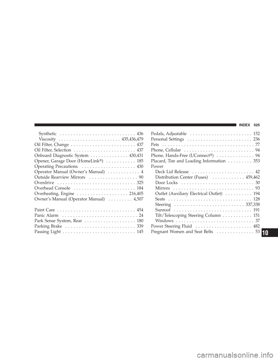 CHRYSLER 300 C 2009 1.G Owners Manual Synthetic............................ 436
Viscosity.......................435,436,479
Oil Filter, Change........................ 437
Oil Filter, Selection....................... 437
Onboard Diagnostic CHRYSLER 300 C 2009 1.G Owners Manual Synthetic............................ 436
Viscosity.......................435,436,479
Oil Filter, Change........................ 437
Oil Filter, Selection....................... 437
Onboard Diagnostic