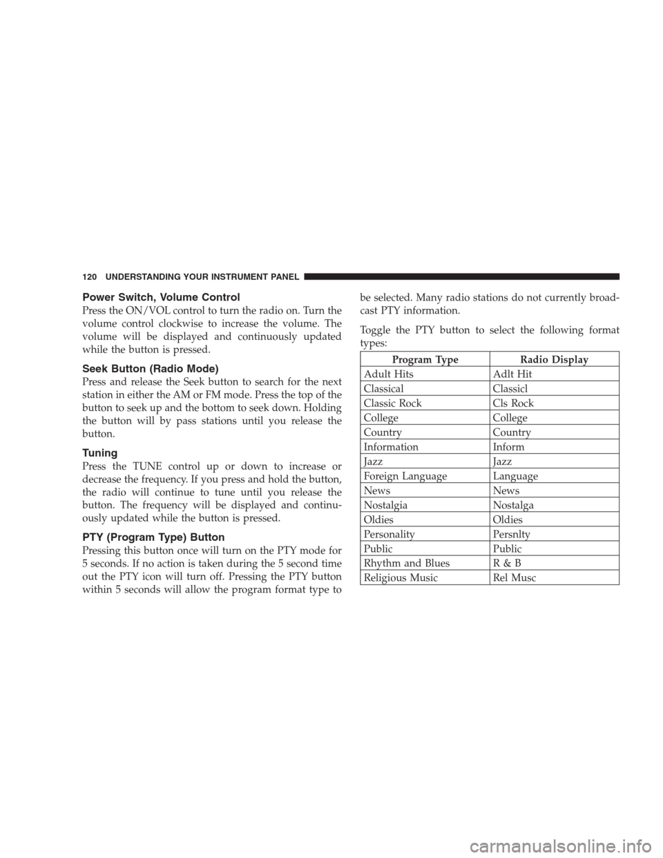 CHRYSLER 300 M 2004 1.G Owners Manual Power Switch, Volume Control
Press the ON/VOL control to turn the radio on. Turn the
volume control clockwise to increase the volume. The
volume will be displayed and continuously updated
while the bu
