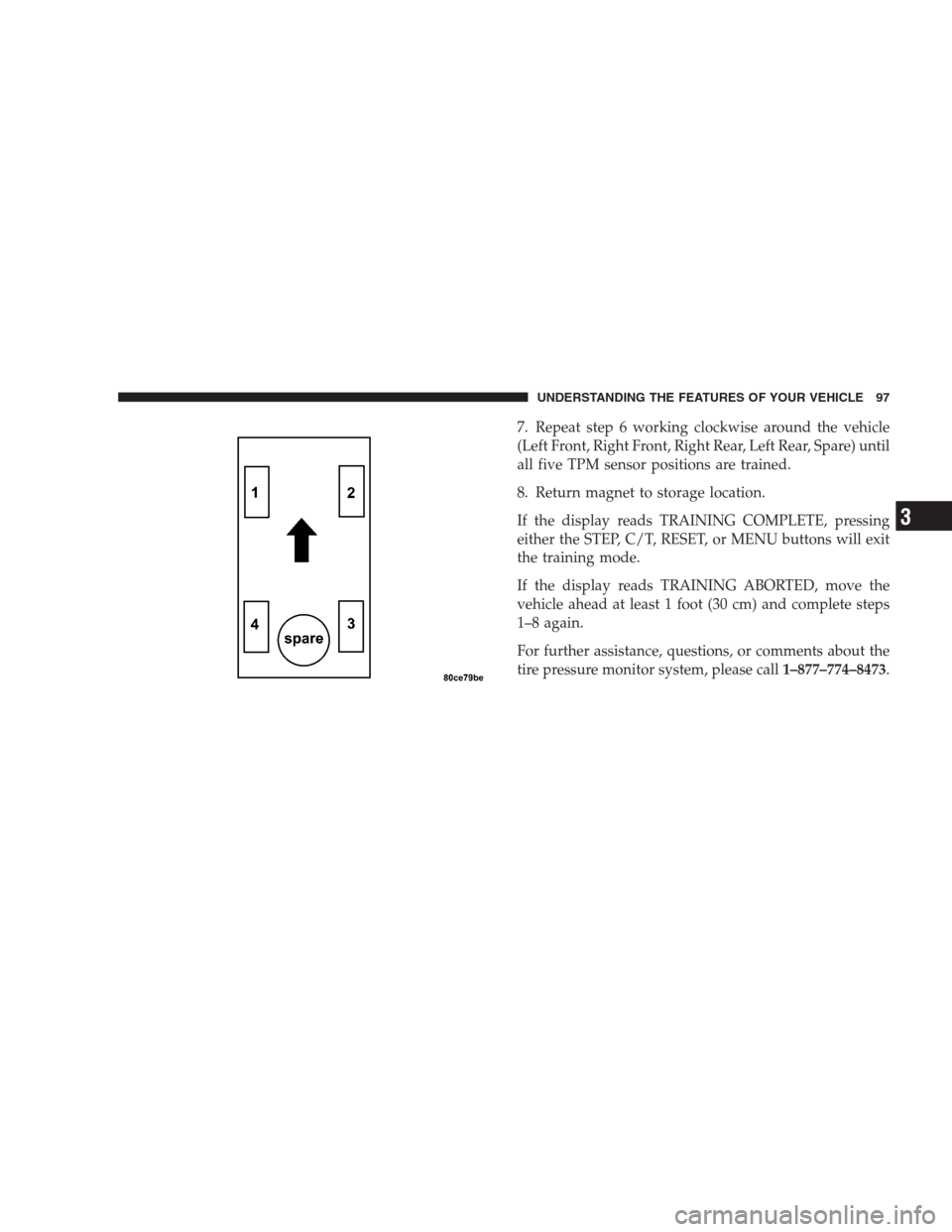CHRYSLER 300 M 2004 1.G Owners Manual 7. Repeat step 6 working clockwise around the vehicle
(Left Front, Right Front, Right Rear, Left Rear, Spare) until
all five TPM sensor positions are trained.
8. Return magnet to storage location.
If 