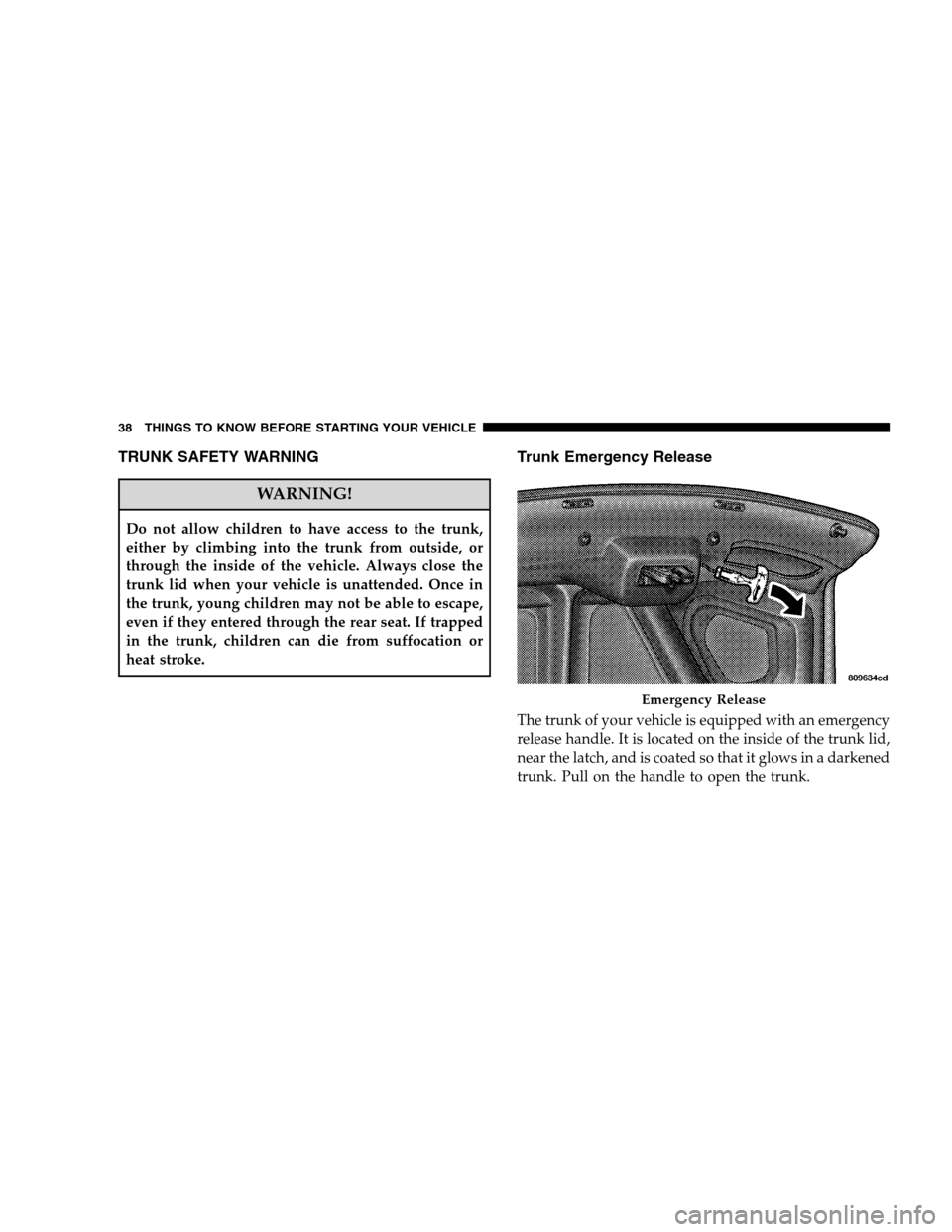 CHRYSLER 300 SRT 2008 1.G Owners Manual TRUNK SAFETY WARNING
WARNING!
Do not allow children to have access to the trunk,
either by climbing into the trunk from outside, or
through the inside of the vehicle. Always close the
trunk lid when y