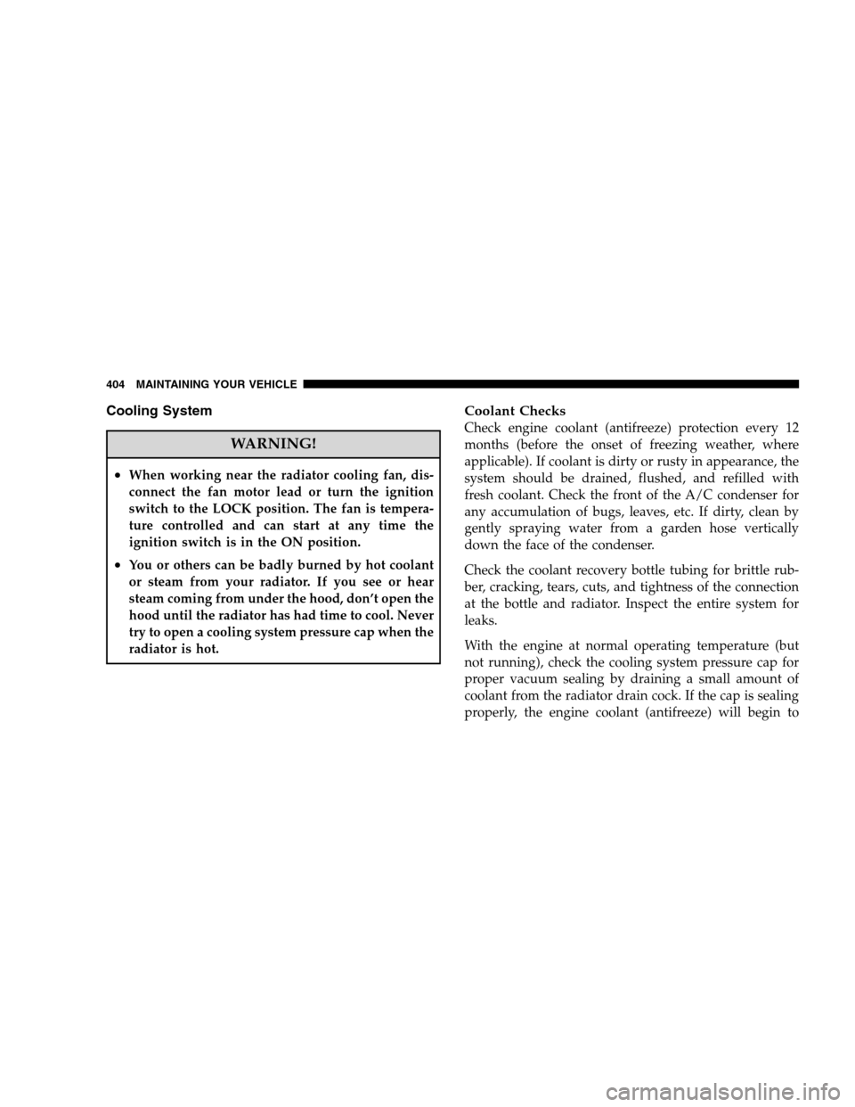 CHRYSLER 300 SRT 2008 1.G Owners Manual Cooling System
WARNING!
•When working near the radiator cooling fan, dis-
connect the fan motor lead or turn the ignition
switch to the LOCK position. The fan is tempera-
ture controlled and can sta