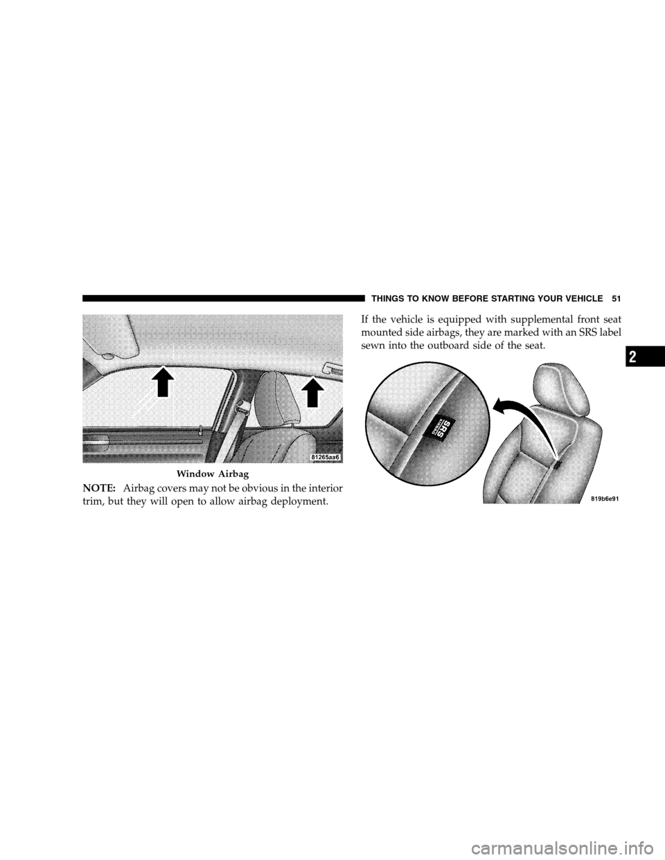 CHRYSLER 300 SRT 2008 1.G Workshop Manual NOTE:Airbag covers may not be obvious in the interior
trim, but they will open to allow airbag deployment.If the vehicle is equipped with supplemental front seat
mounted side airbags, they are marked CHRYSLER 300 SRT 2008 1.G Workshop Manual NOTE:Airbag covers may not be obvious in the interior
trim, but they will open to allow airbag deployment.If the vehicle is equipped with supplemental front seat
mounted side airbags, they are marked